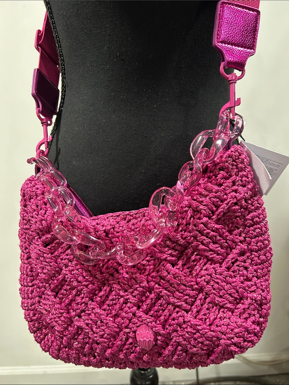 Kurt Geiger Bright Pink Crochet Shoulder Bag with Berry Charm